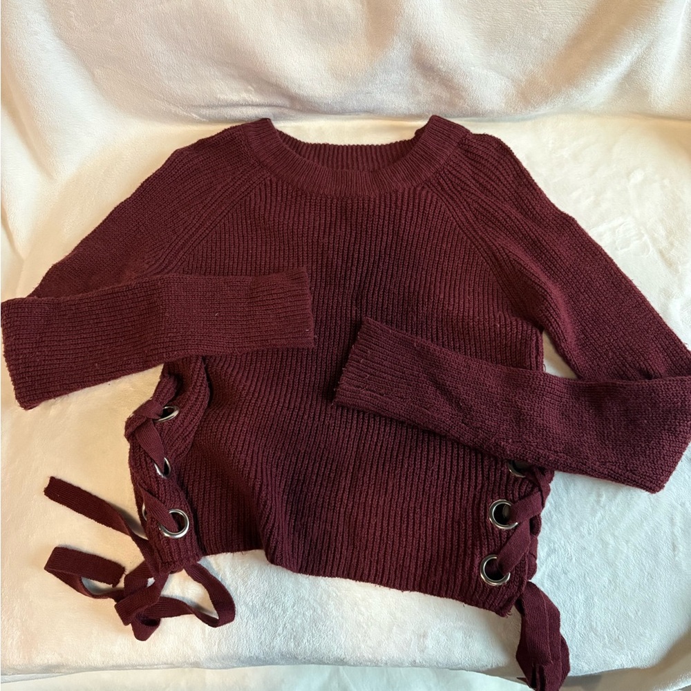 Women's Burgundy Sweater with Side Lace-Up Detail